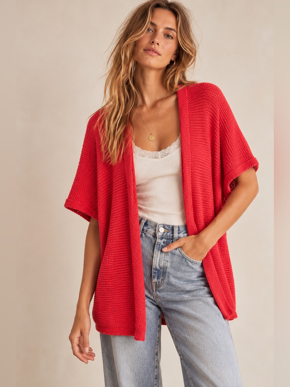 Own It Womens Large Coral Open Knit Cardigan Sweater Wrap Italy Dolman Oversized